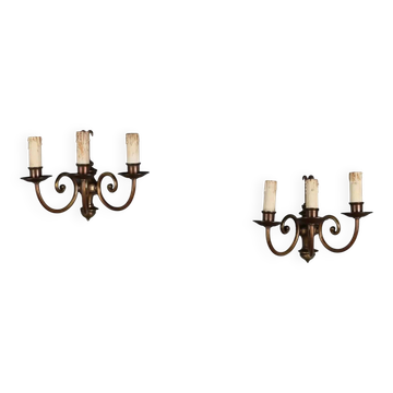 Antique wall sconces in gilded bronze, 3 lights, Italy, 20th century.