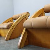 1970s Pair of Rare Oak Armchairs Upholstered in  Leatherette, Czechoslovaki
