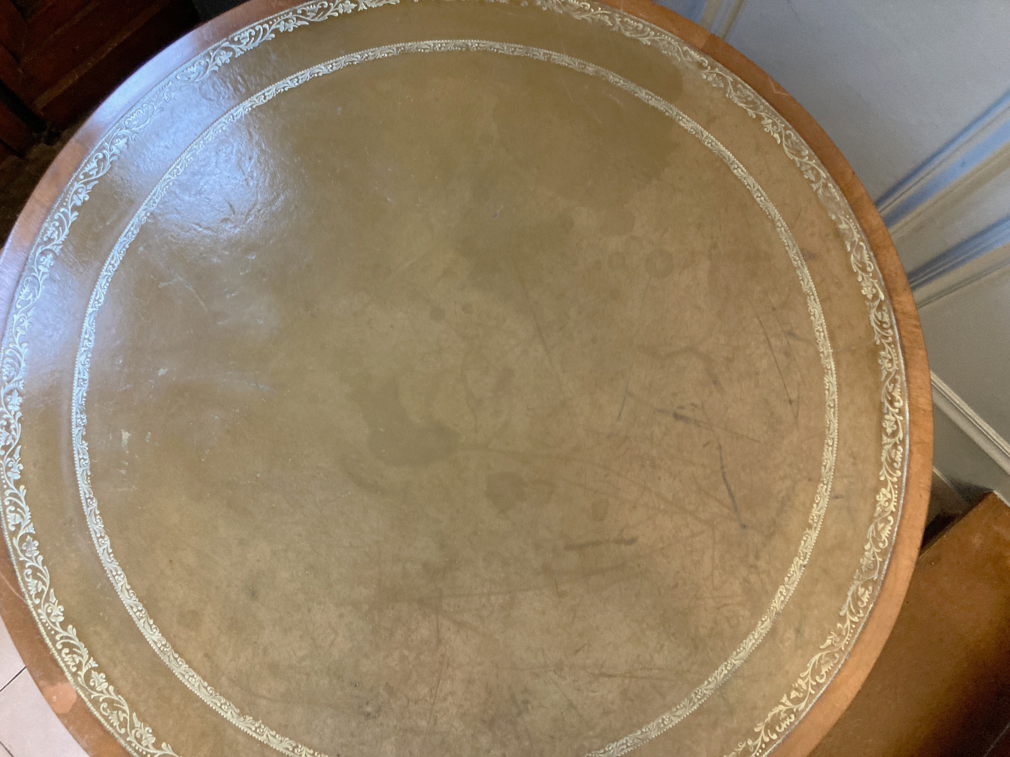 Old drum table 1900 cherry leather and brass