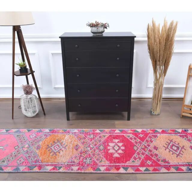Vintage Turkish Oushak Handmade Cotton Pink Wool Runner Rug 79x362