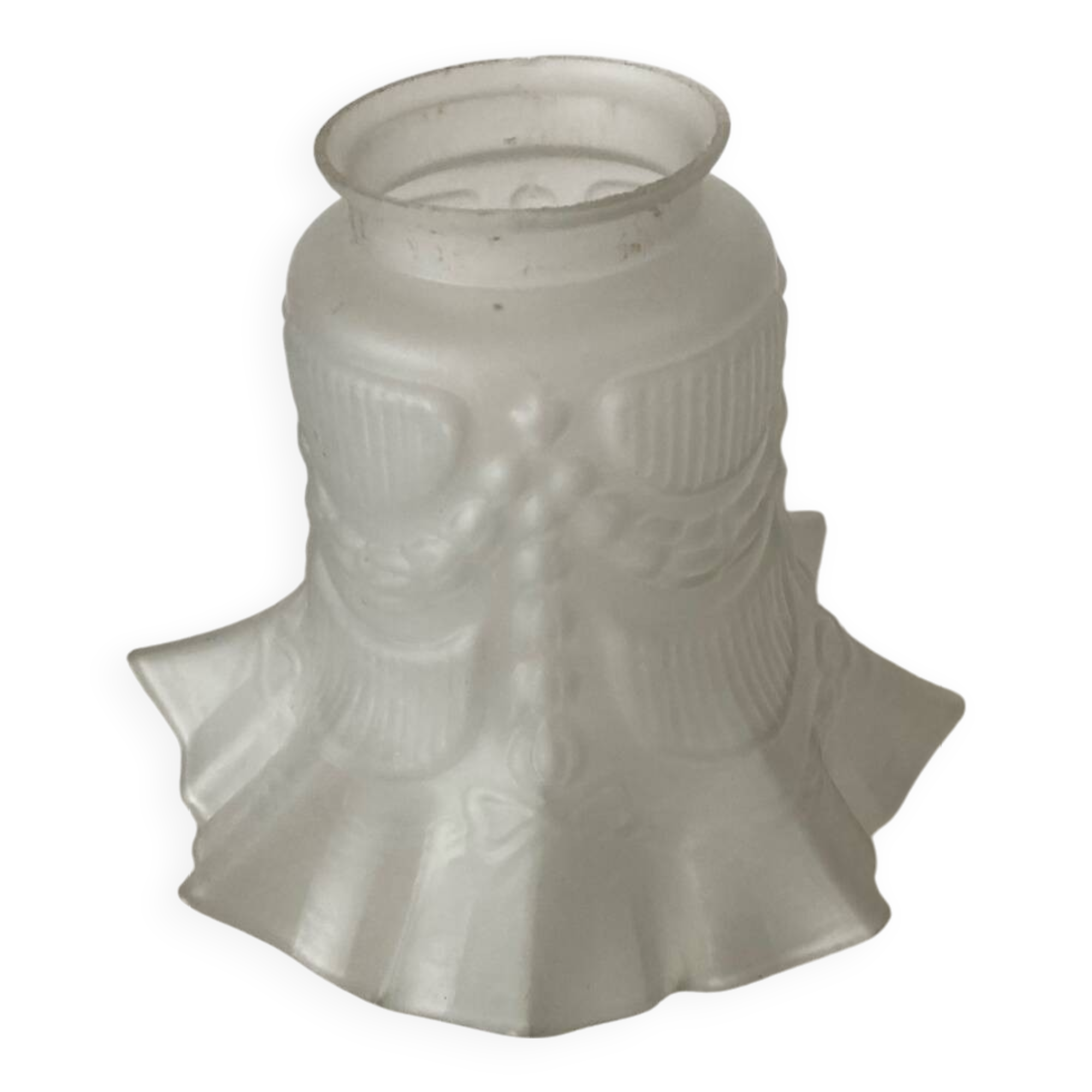 Antique tulip lampshade in white frosted glass with pleated crown
