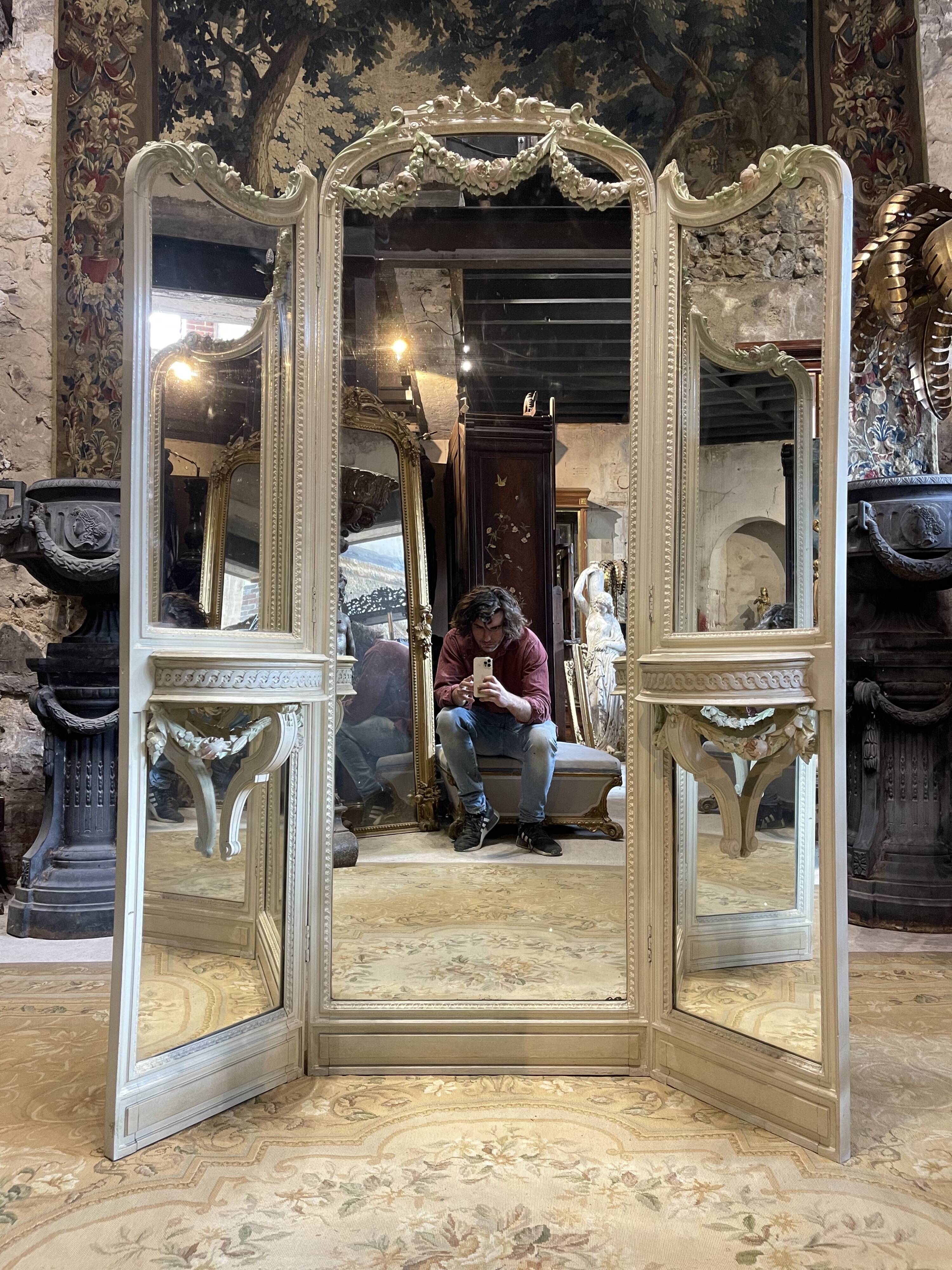 Mirror triptych style Louis XVI wooden rechampie cream XIX th century
