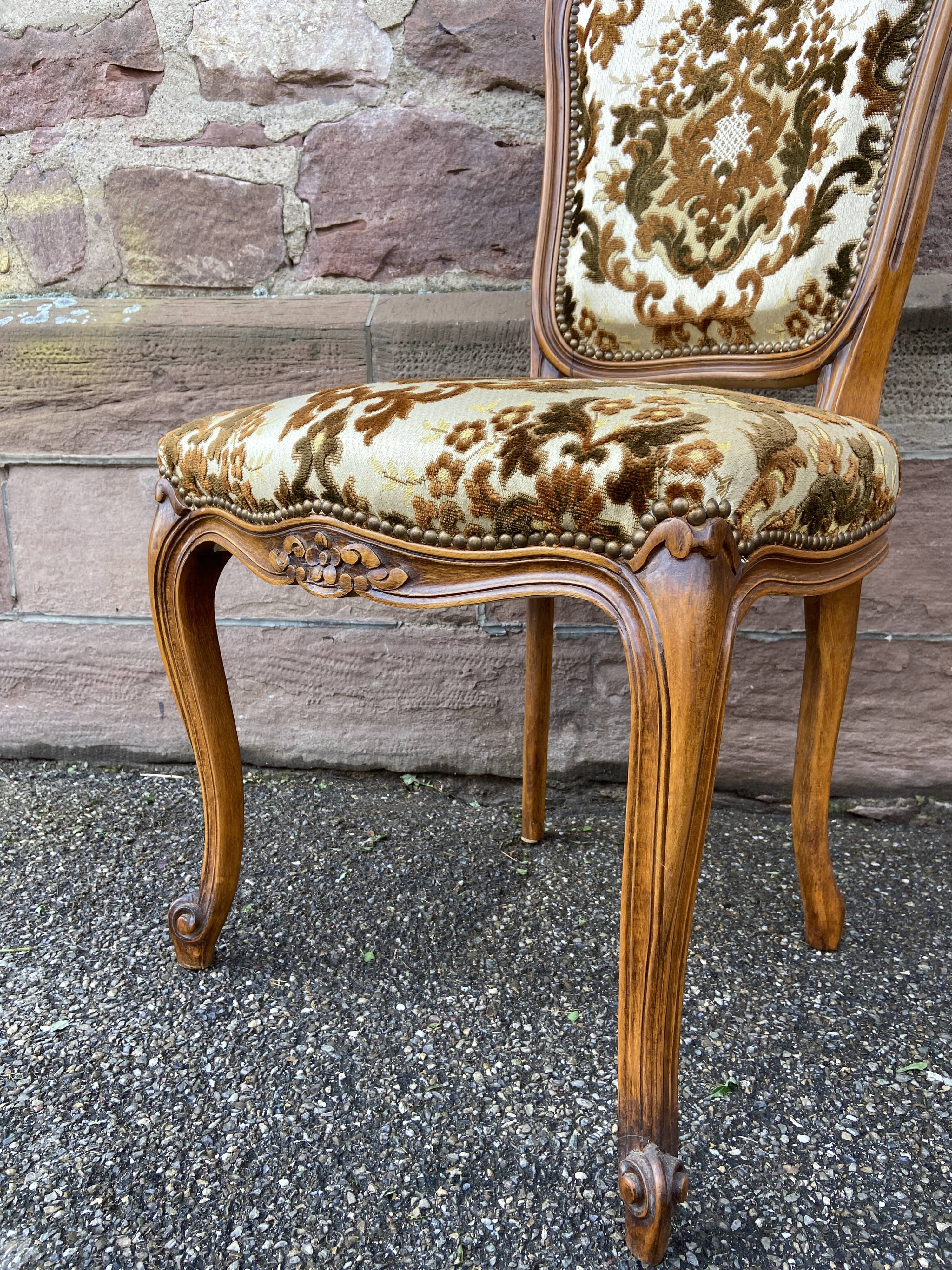 Set of 6 vintage Louis XV style French chairs, velvet upholstered, 1950s