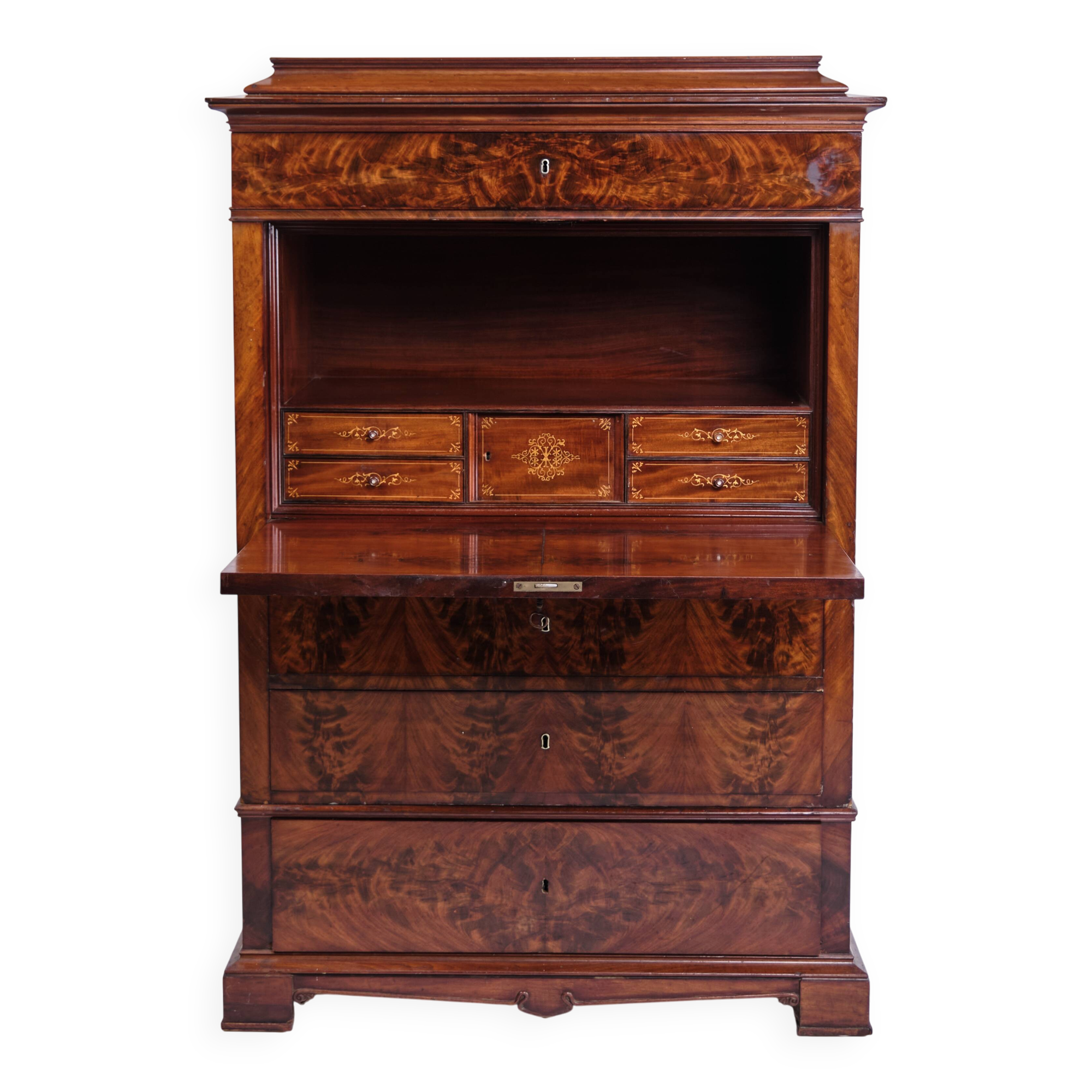 Secretary – Mahogany – Intarsia & Flame Structure – 4 Drawers – 1840s