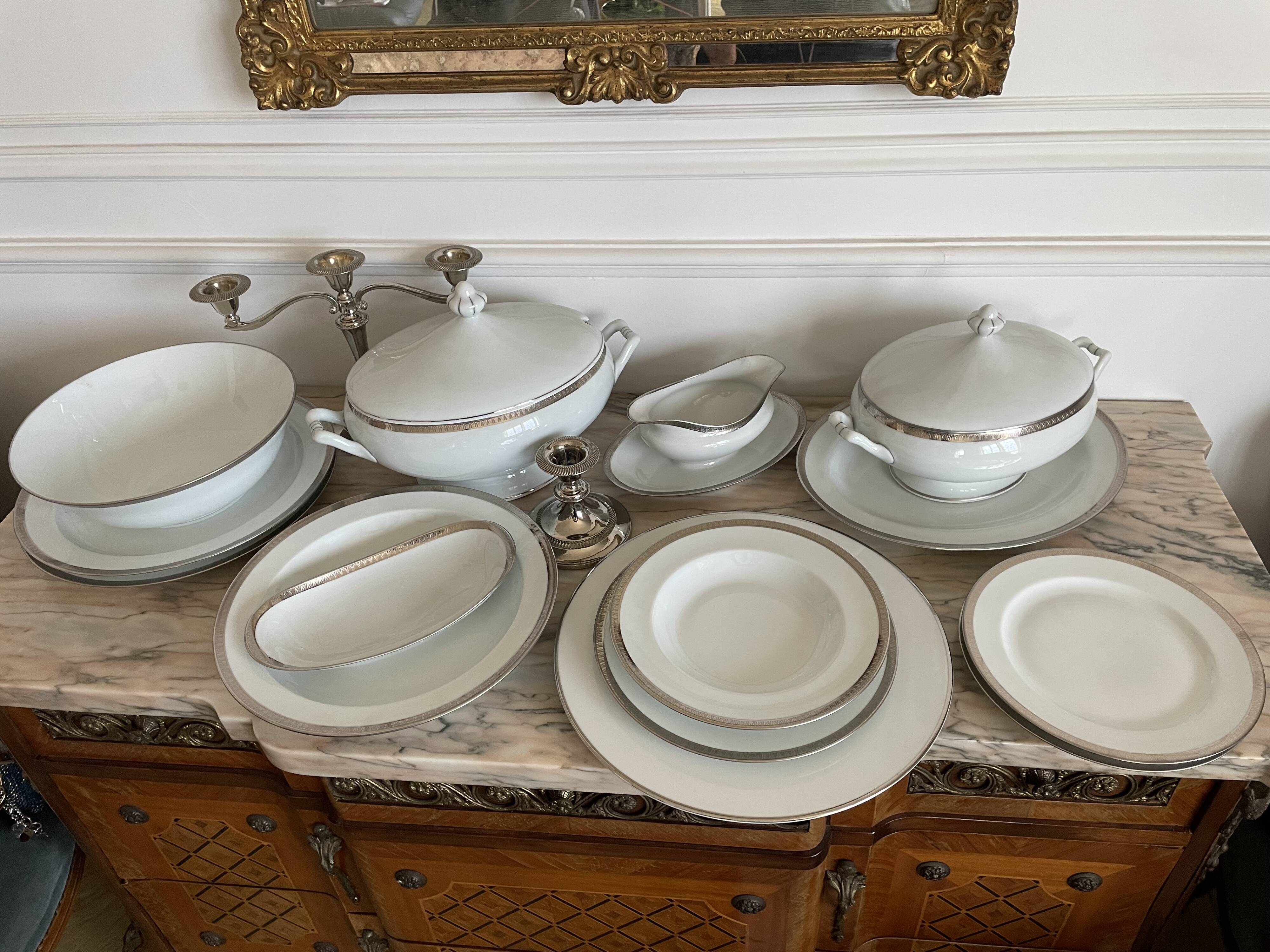 Bernardaud Limoges porcelain tableware set, Vercors model, platinum braid