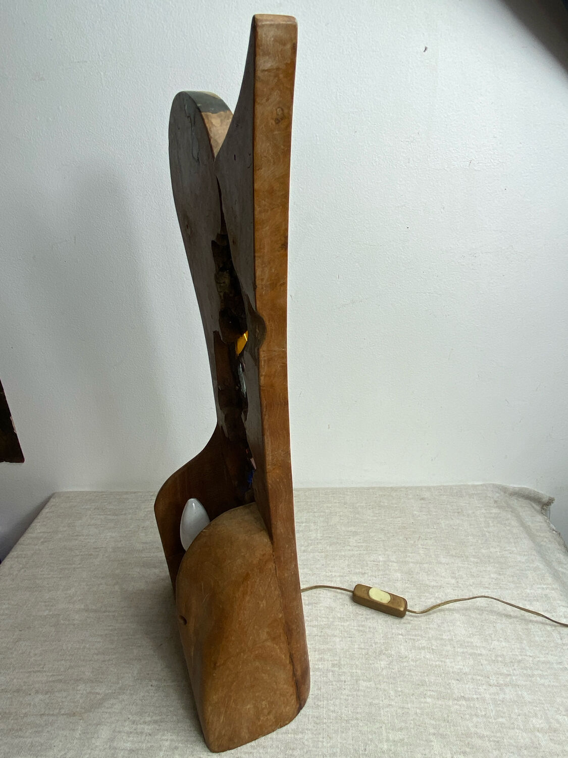 Carved wooden lamp and stained glass