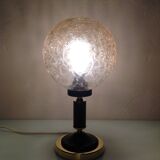 Structured amber glass globe lamp on black and brass base by Solken Leuchten/ 60s-70s