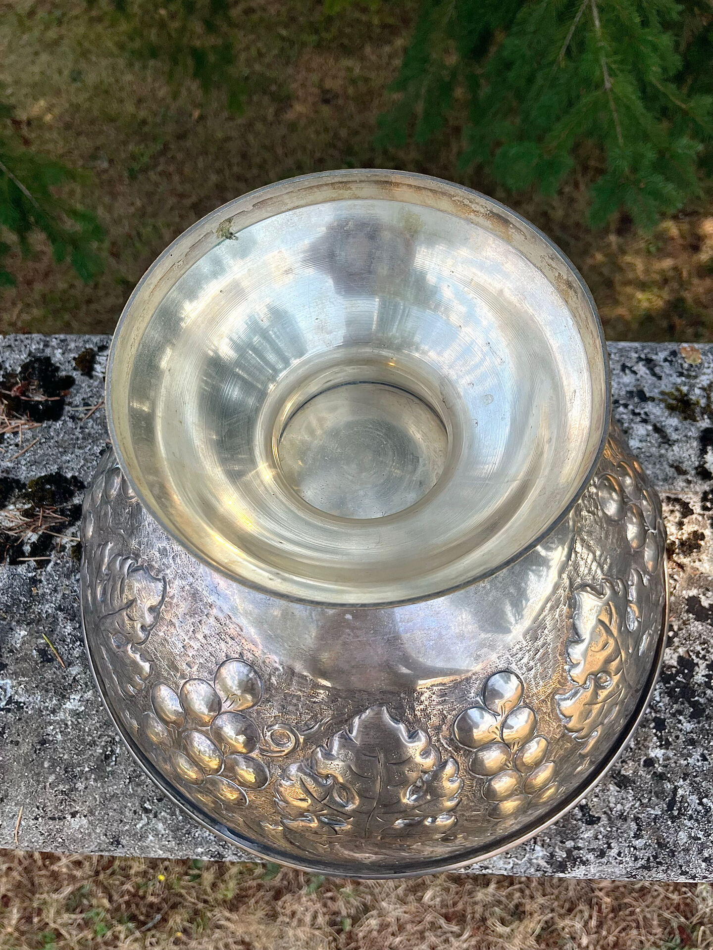 Large silver plated champagne cooler bowl on pedestal with grape