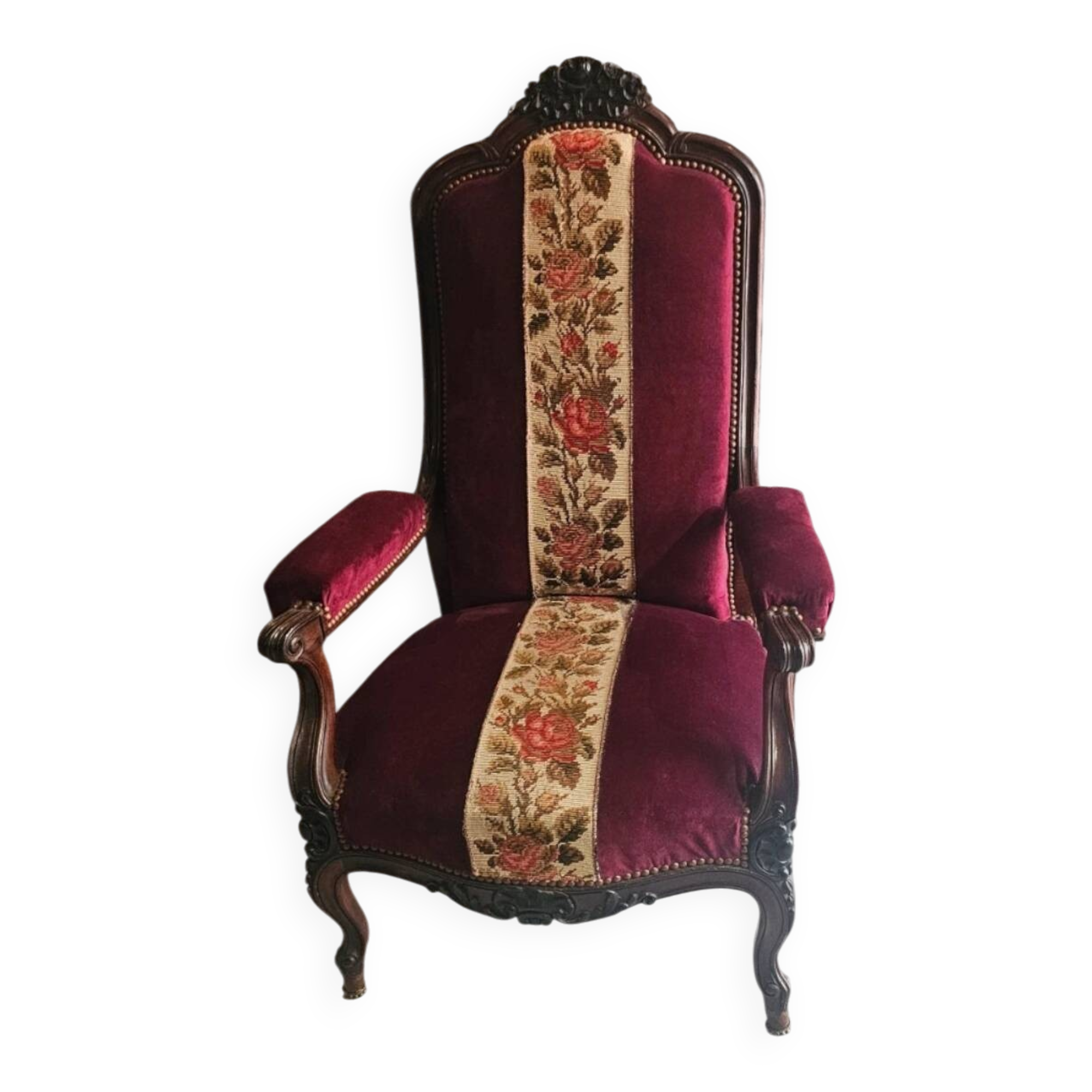 Louis-Philippe armchair in mahogany and burgundy velvet, floral decoration.
