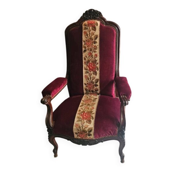 Fauteuil Louis-Philippe en acajou et velours bordeaux, décor floral — Beyit