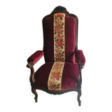 Louis-Philippe armchair in mahogany and burgundy velvet, floral decoration.