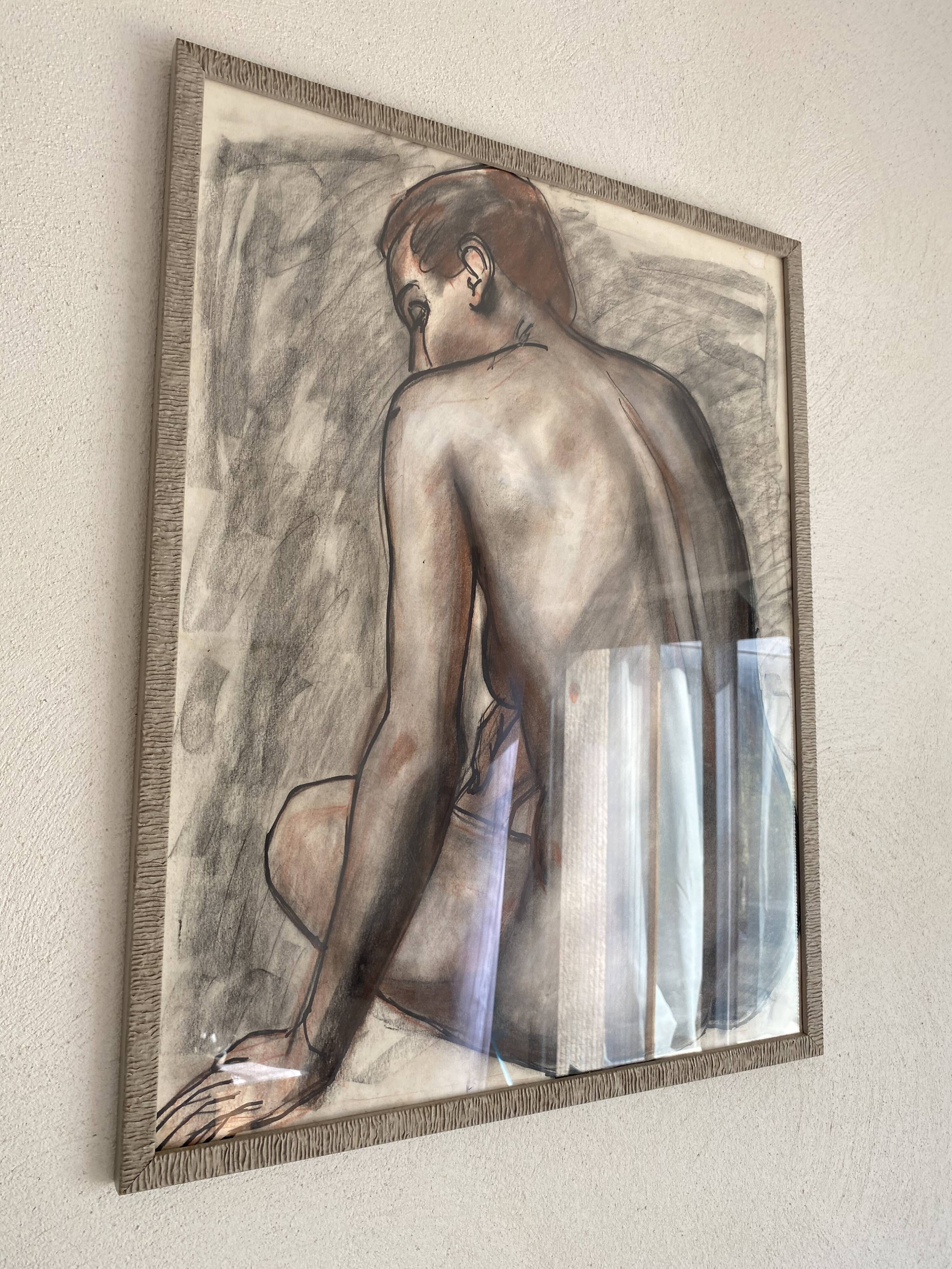 Glazed wood frame nude drawing on paper