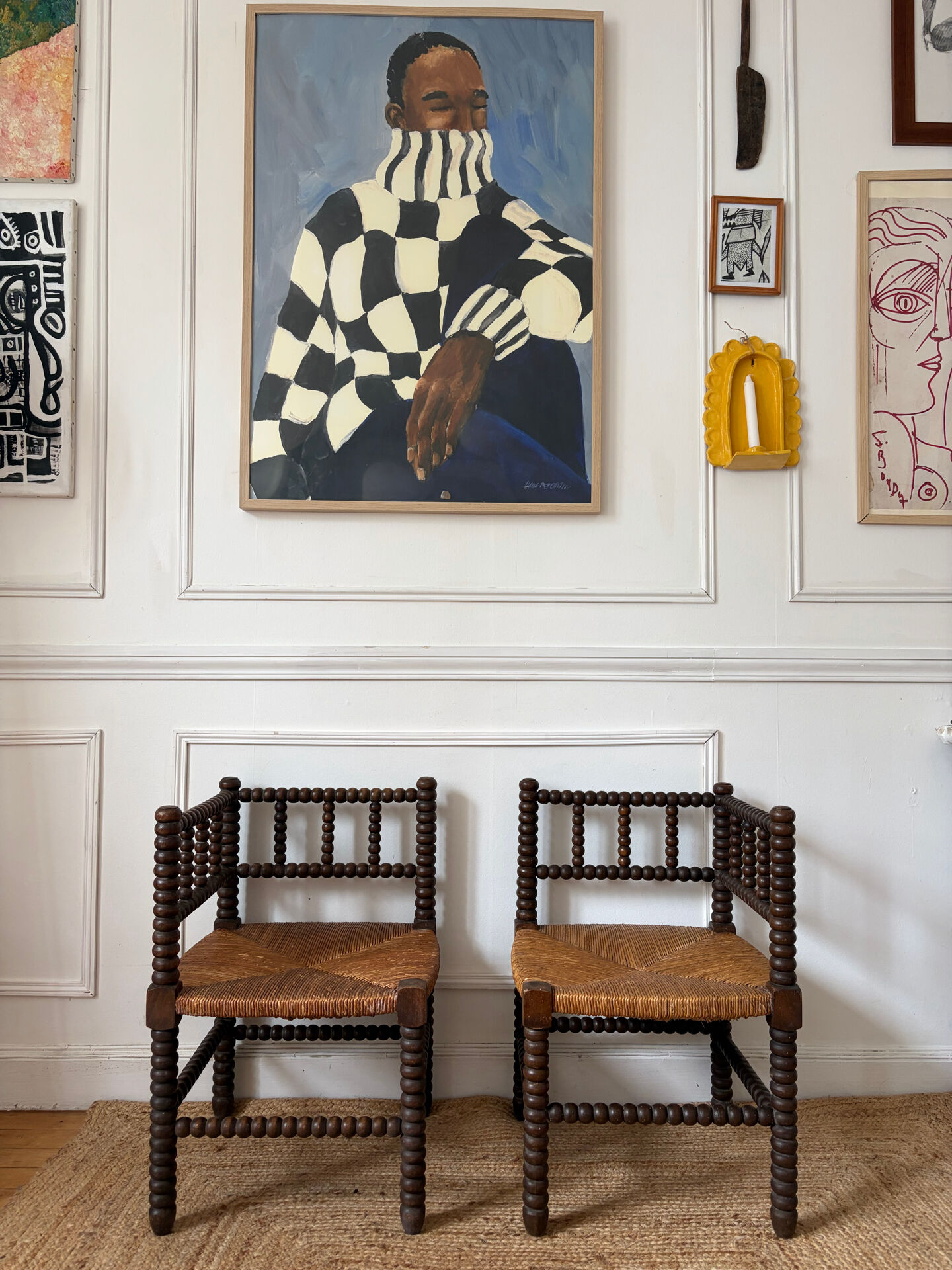 Pair of rush-seated chairs by the fireside "bobbin"