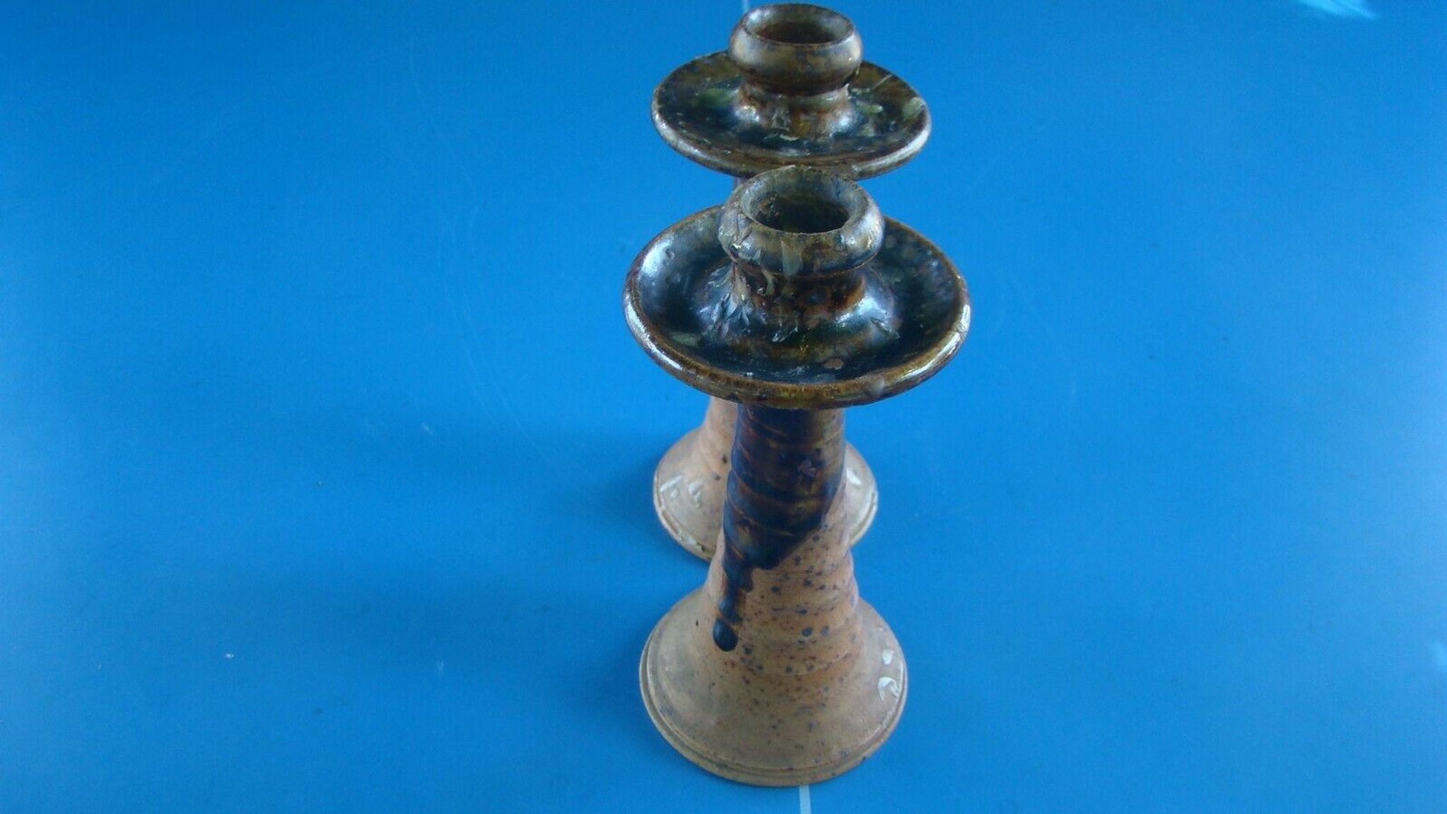 Pair of corsican sandstone candlesticks varnished Truchon Oletta stamped