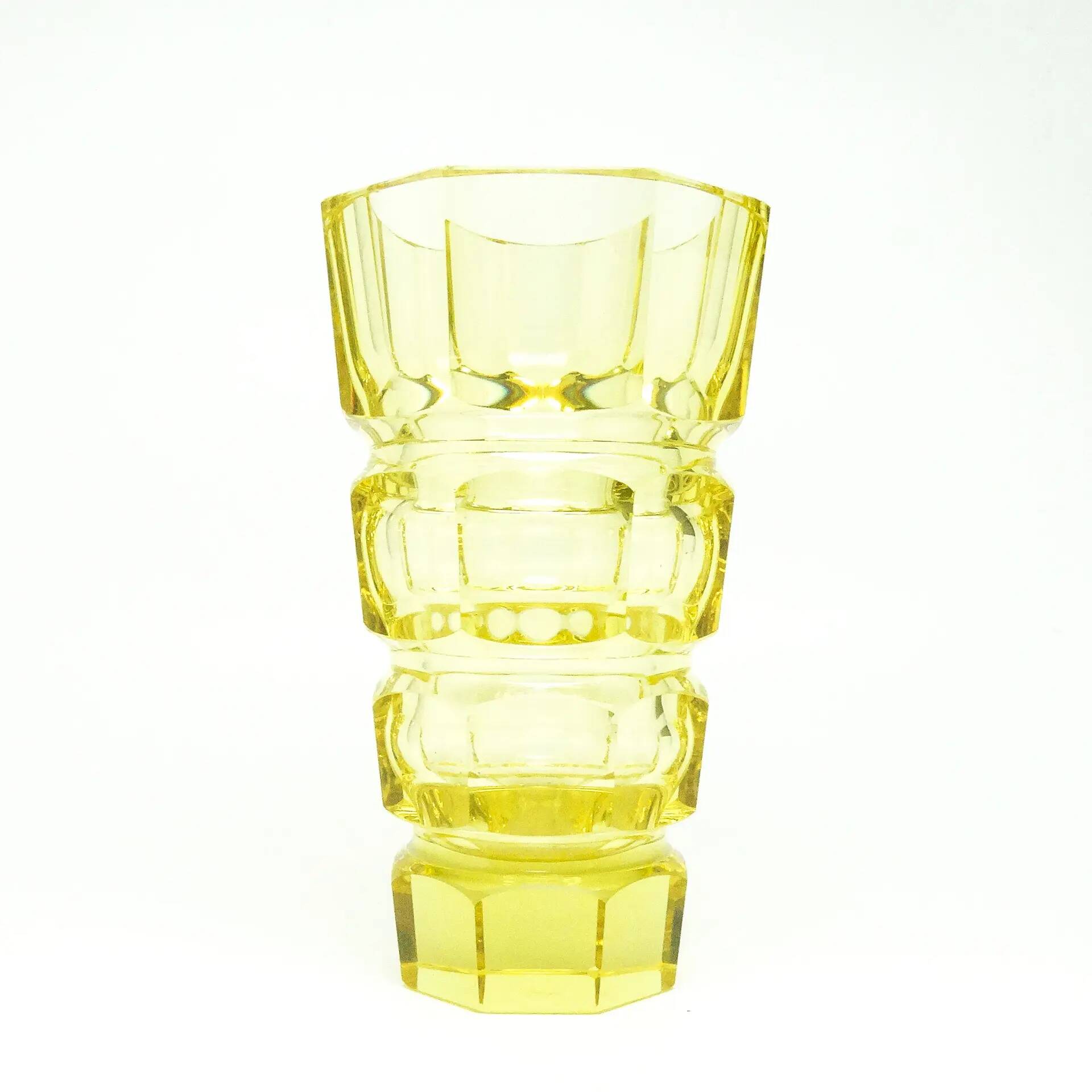 Art Deco vase, yellow crystal, design by J. Hoffmann, Moser, Czechoslovakia, 1930s
