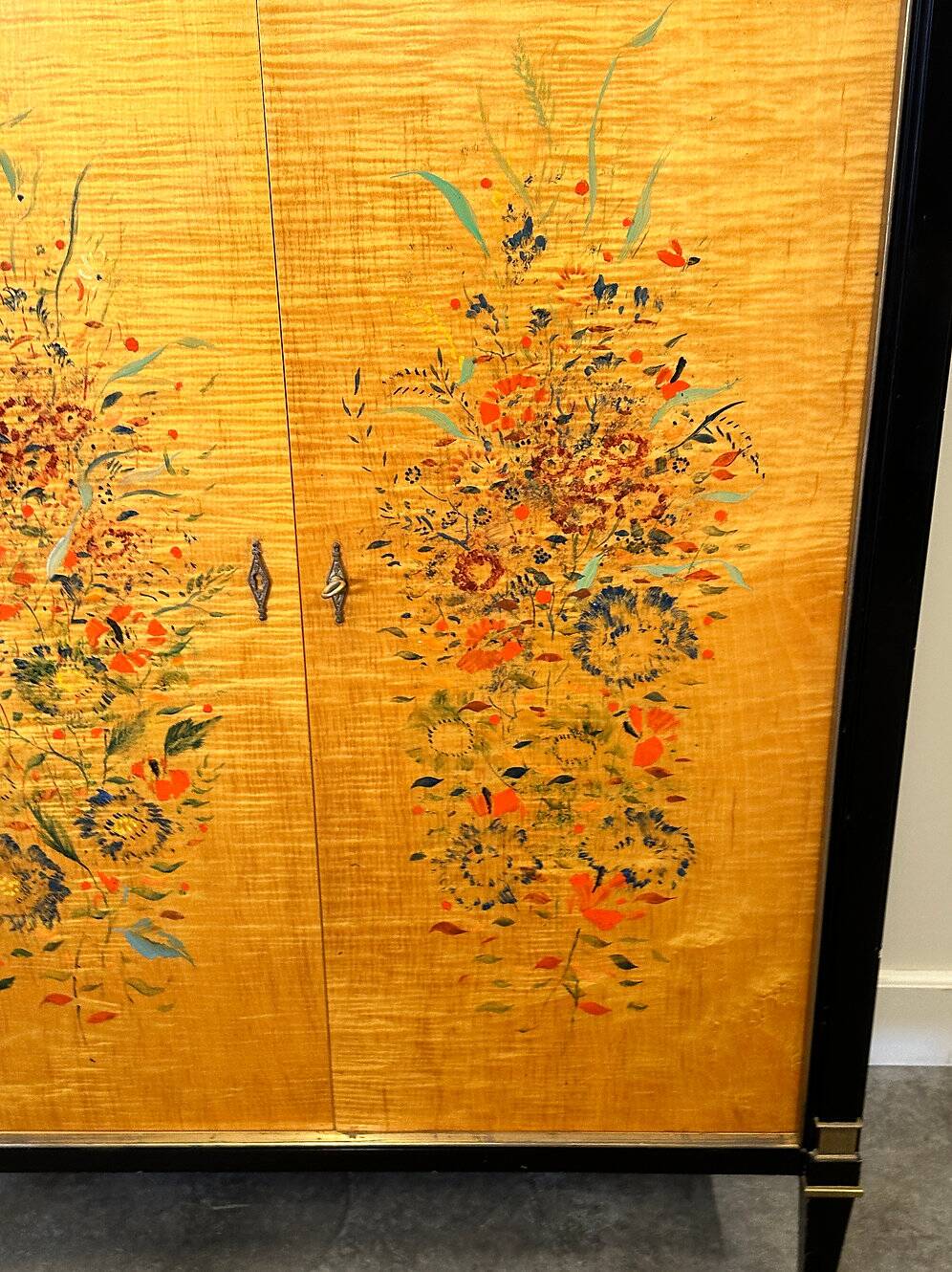 Exquisite 1950s neoclassical sycamore secretaire by Frères De Coene, Belgium.