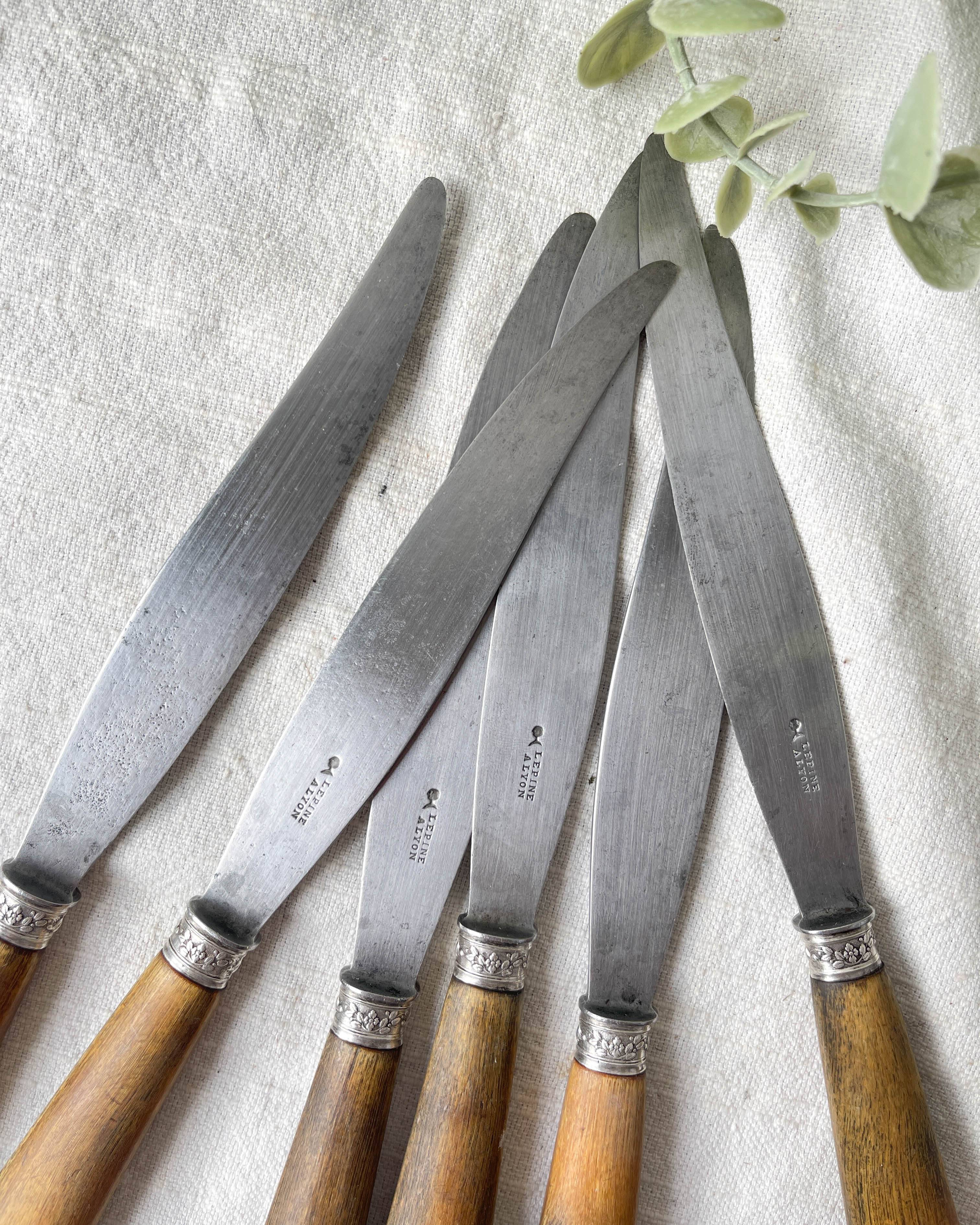 6 Vintage Horn Knives Silver Steel Blade LEPINE A LYON France 19th Century