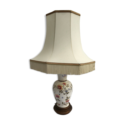 Lampe céramique Moustiers & socle bois avec abat-jour tissu beige vintage