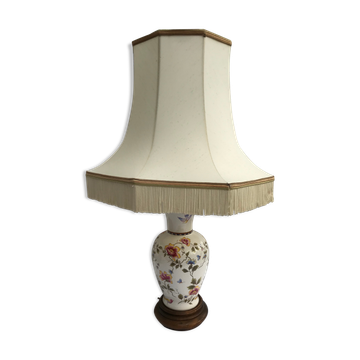 Lampe céramique Moustiers & socle bois avec abat-jour tissu beige vintage