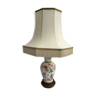 Lampe céramique Moustiers & socle bois avec abat-jour tissu beige vintage