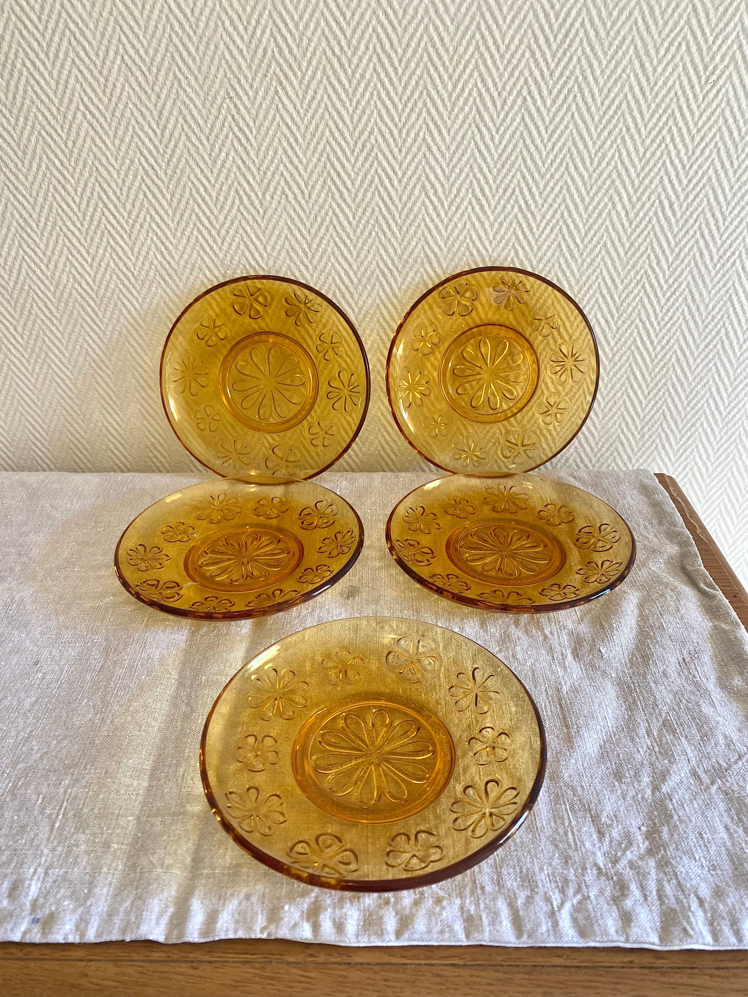 Service à café vereco en verre ambré décor floral