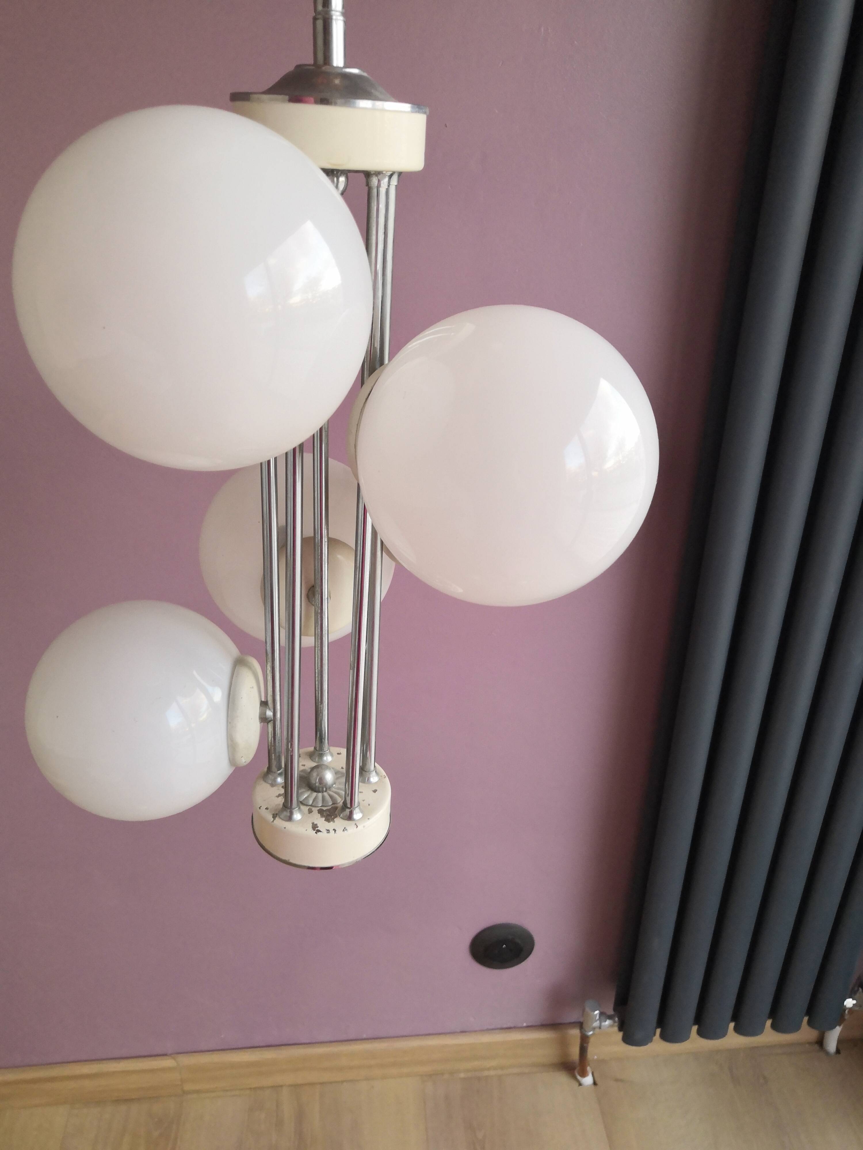 Vintage chandelier 5 opaline glass balls + 2 Space Age Mid-Century wall lights