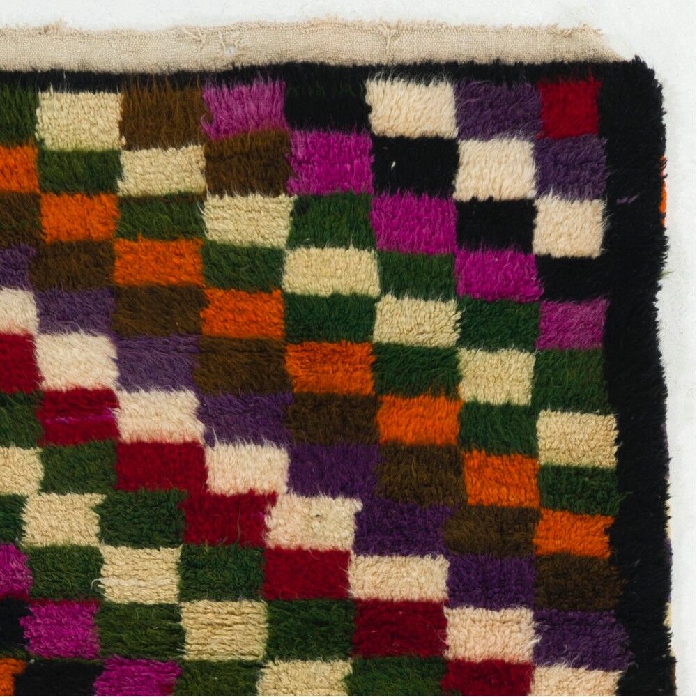 Colorful Vintage Hand-Knotted Turkish Tulu Rug with Checkered Design. 100% Wool