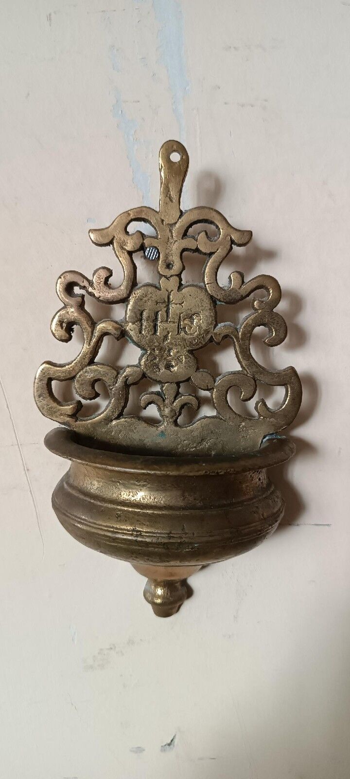 19th century antique holy water font brass bronze IHS