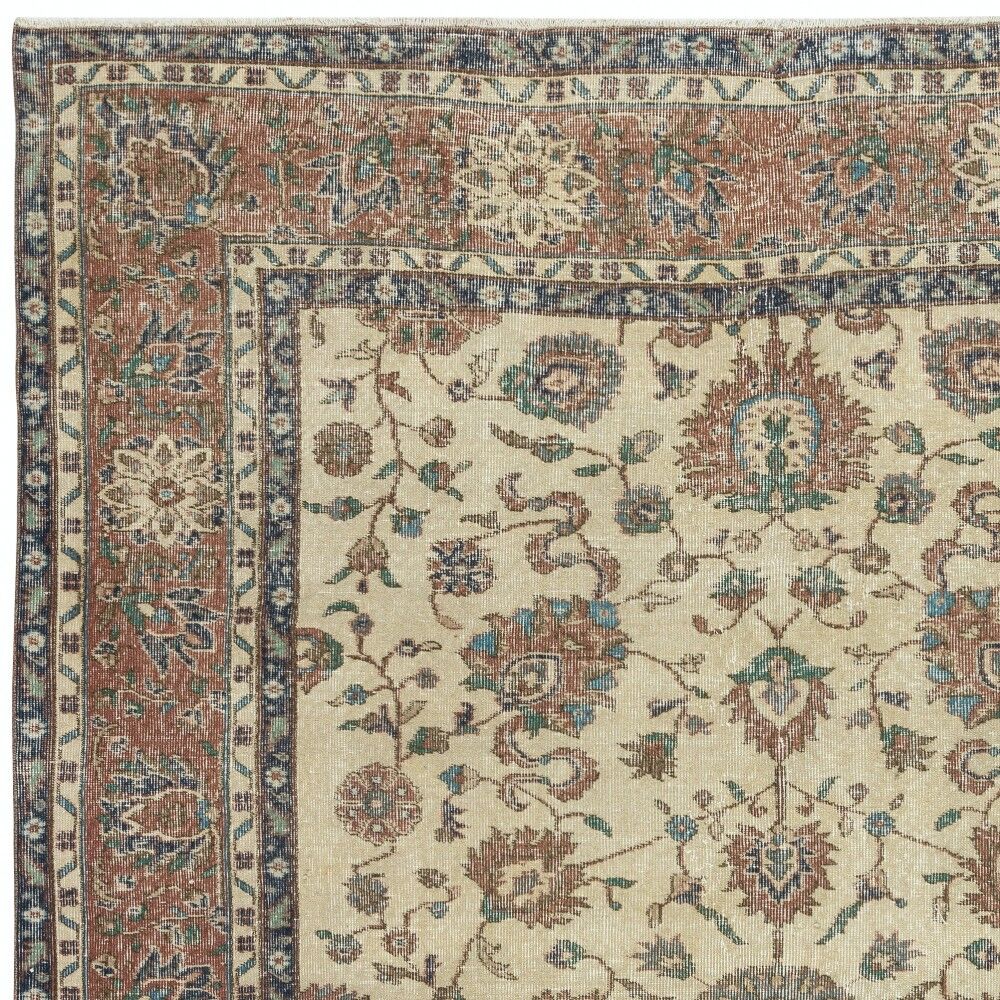 Authentic Vintage Turkish Beige Wool Area Rug with Floral Design. Hand-knotted in Turkey