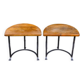 Pair of wrought iron and oak side tables, France, 1930.