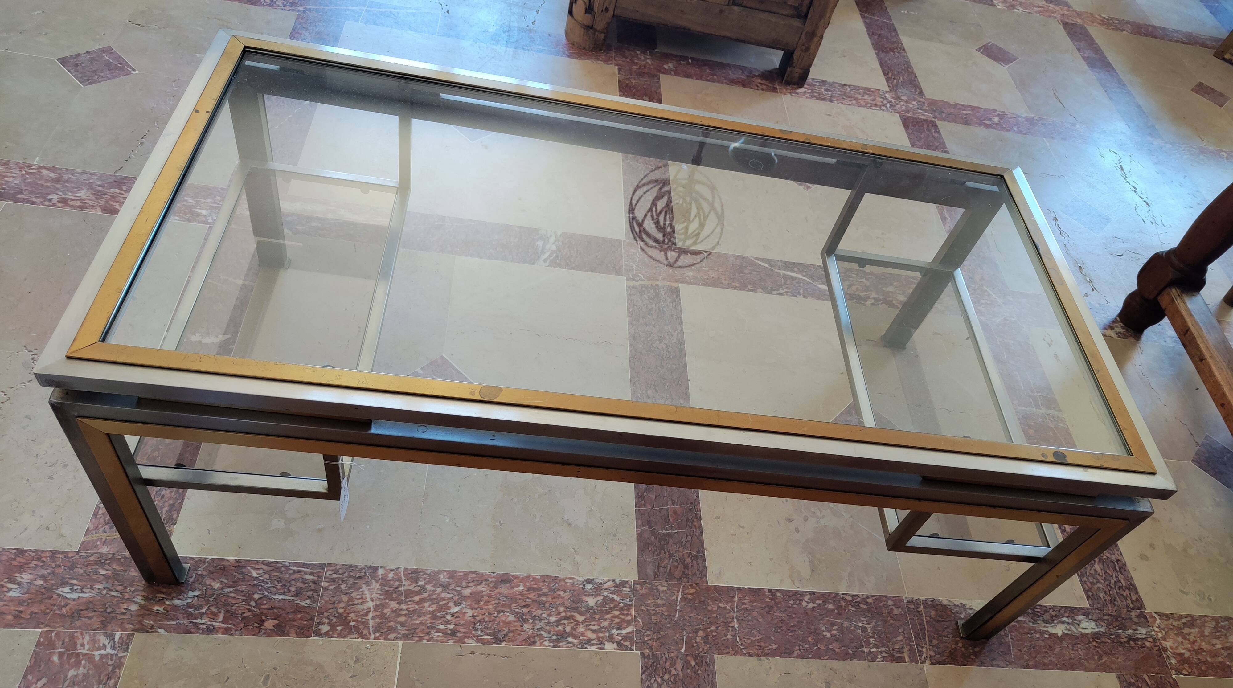 Guy lefèvre for maison jansen coffee table in brushed steel and brass 1970