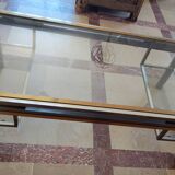 Guy lefèvre for maison jansen coffee table in brushed steel and brass 1970