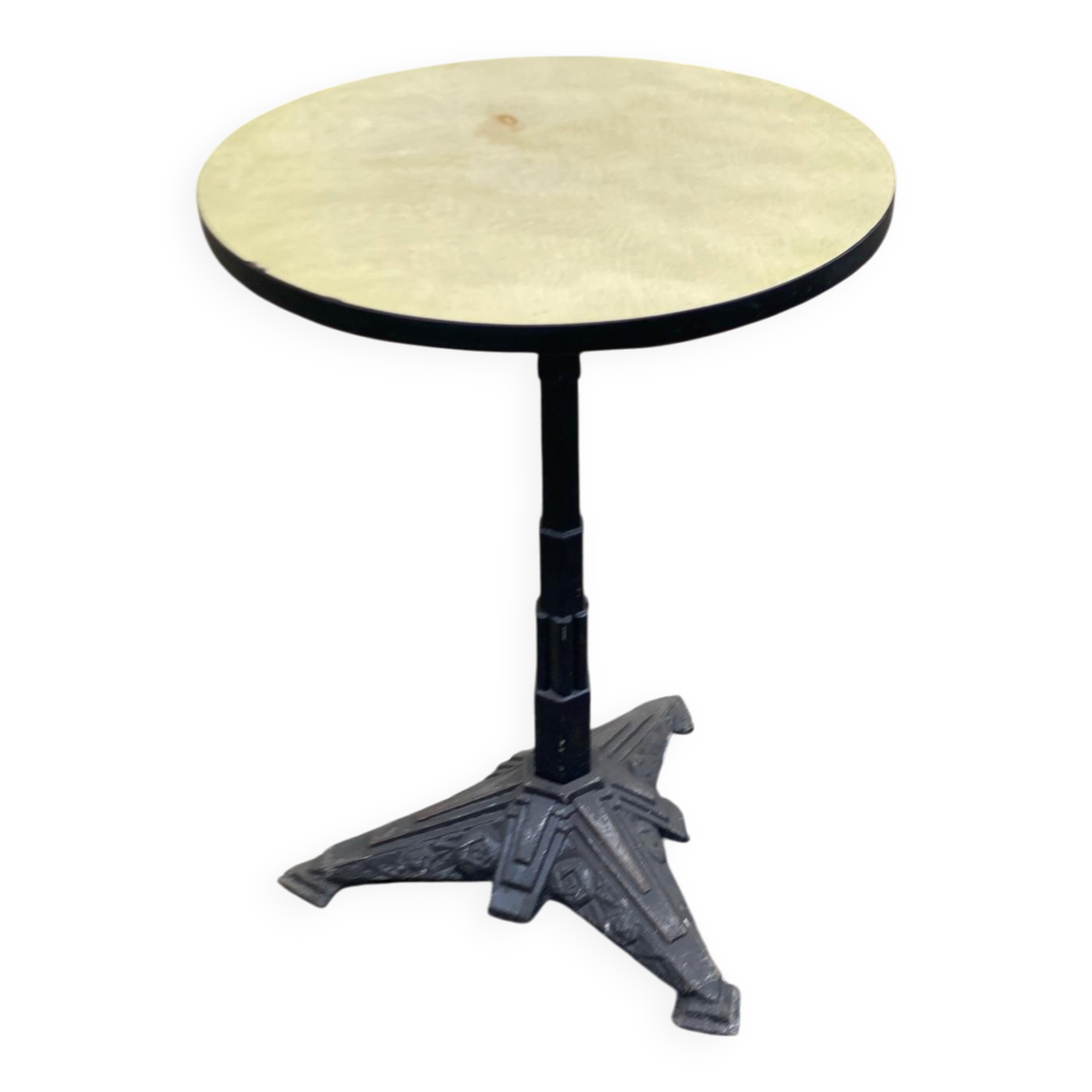 Round bistro table in cast iron and Bakelite, Louis Vuitton style, 1930s.
