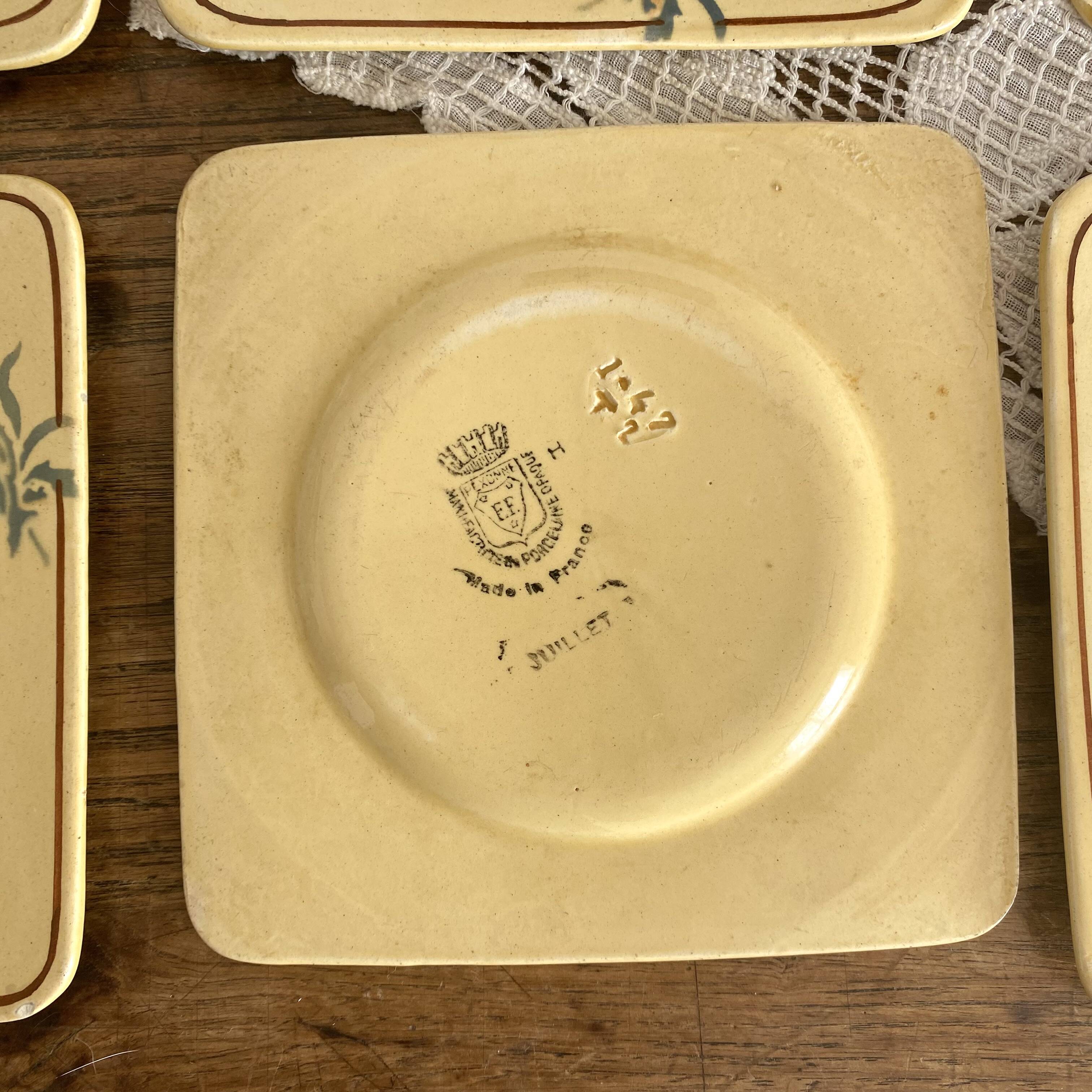 Square dessert plates and cake dish, Pexonne, 1940s-1950s