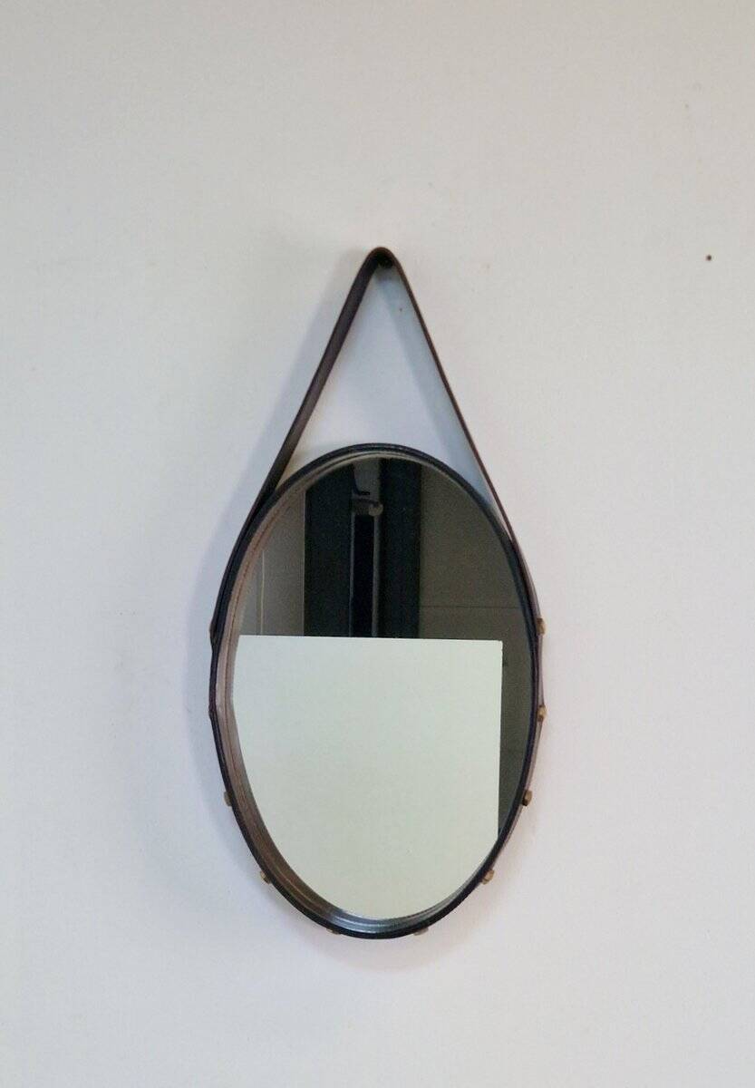 Florentine Oval Leather Mirror in Brass by Jacques Adnet, 1960s