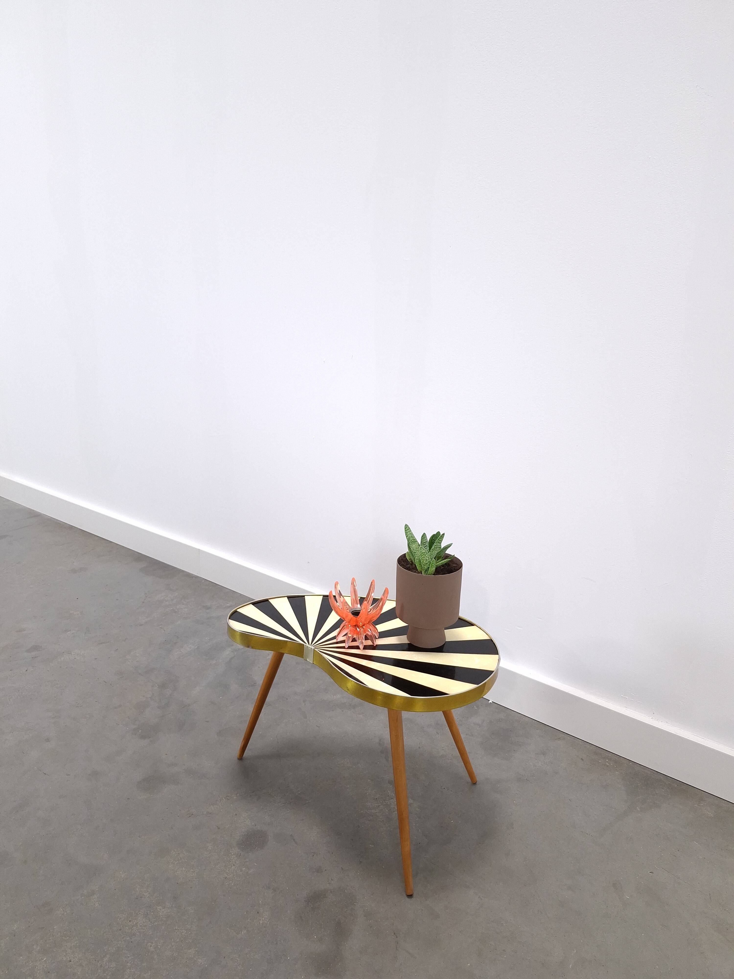 1950s kidney-shaped black and white table, plant table.
