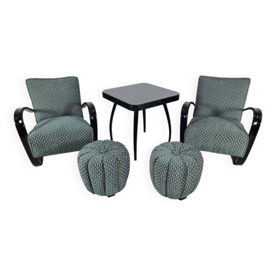 Fauteuils, table et poufs de Jindřich Halabala pour Up Zavody, années 1940, ensemble de 5