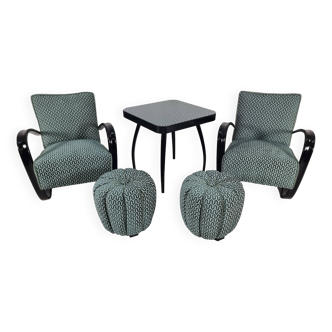 Fauteuils, table et poufs de Jindřich Halabala pour Up Zavody, années 1940, ensemble de 5
