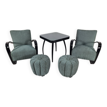 H 269 Lounge Chairs, table and poufs by Jindřich Halabala for Up Zavody, 1940s, Set of 5