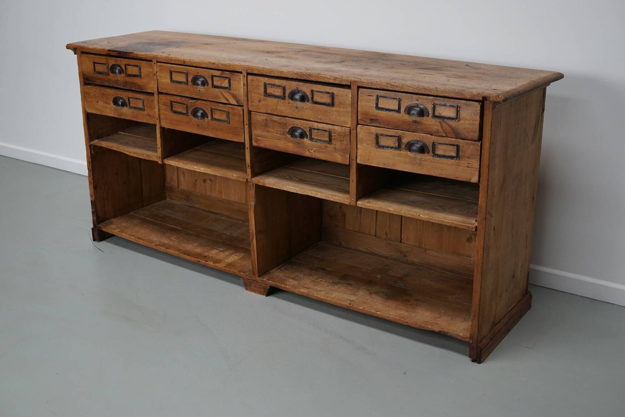 Vintage rustic German pine apothecary cabinet / shop counter, 1930s