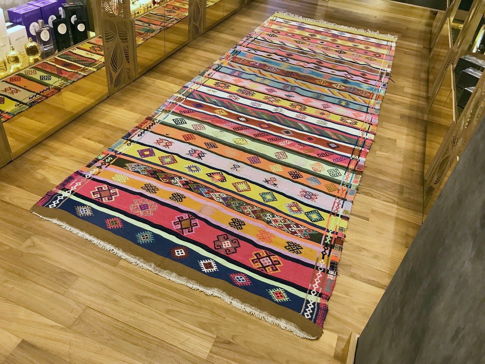 Colorful runner rug, handmade turkish kilim rug with ethnic patterns