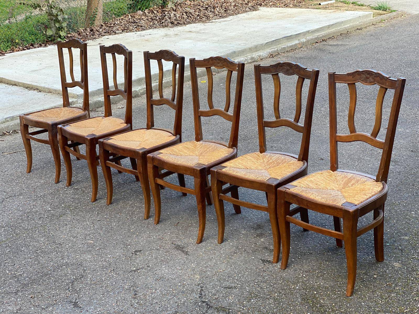 6 vintage solid oak wood dining room chairs with art deco straw