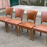 4 art deco chairs in solid wood and brown leather, 1930