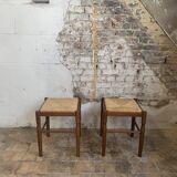Pair of 20th century wooden stools with straw seats