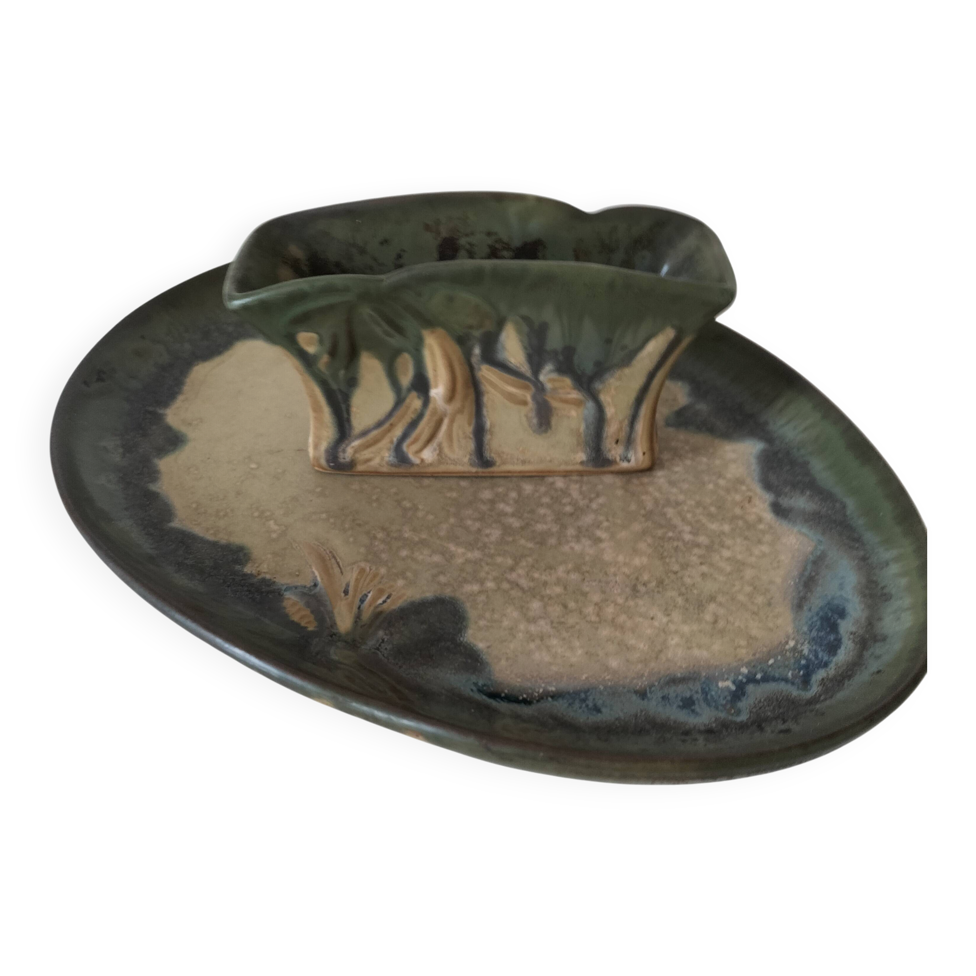 Pair of Denbac enamelled green and blue vide-poches.