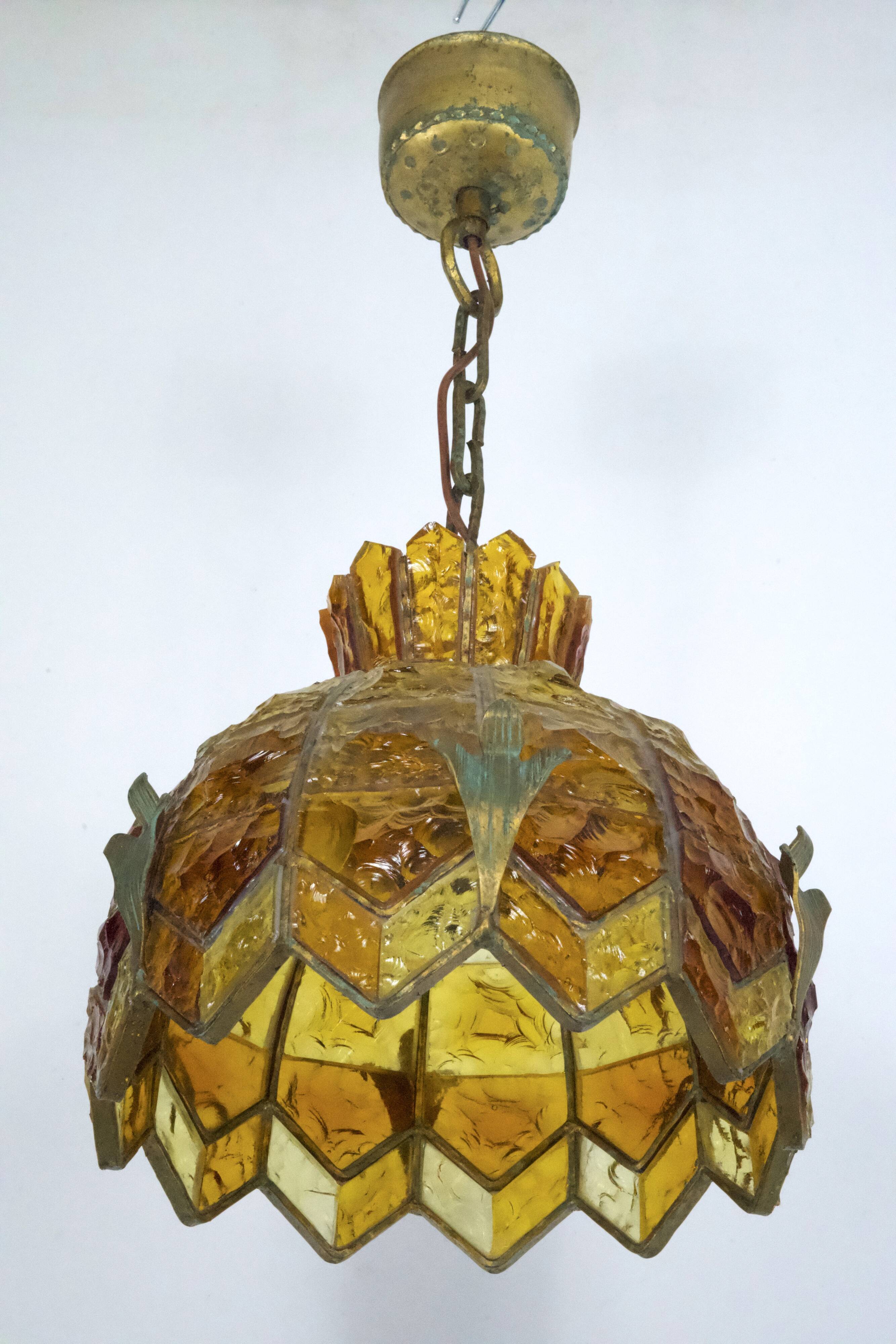 Brutalist Hammered Glass Chandelier by Longobard, Italy, 1970s