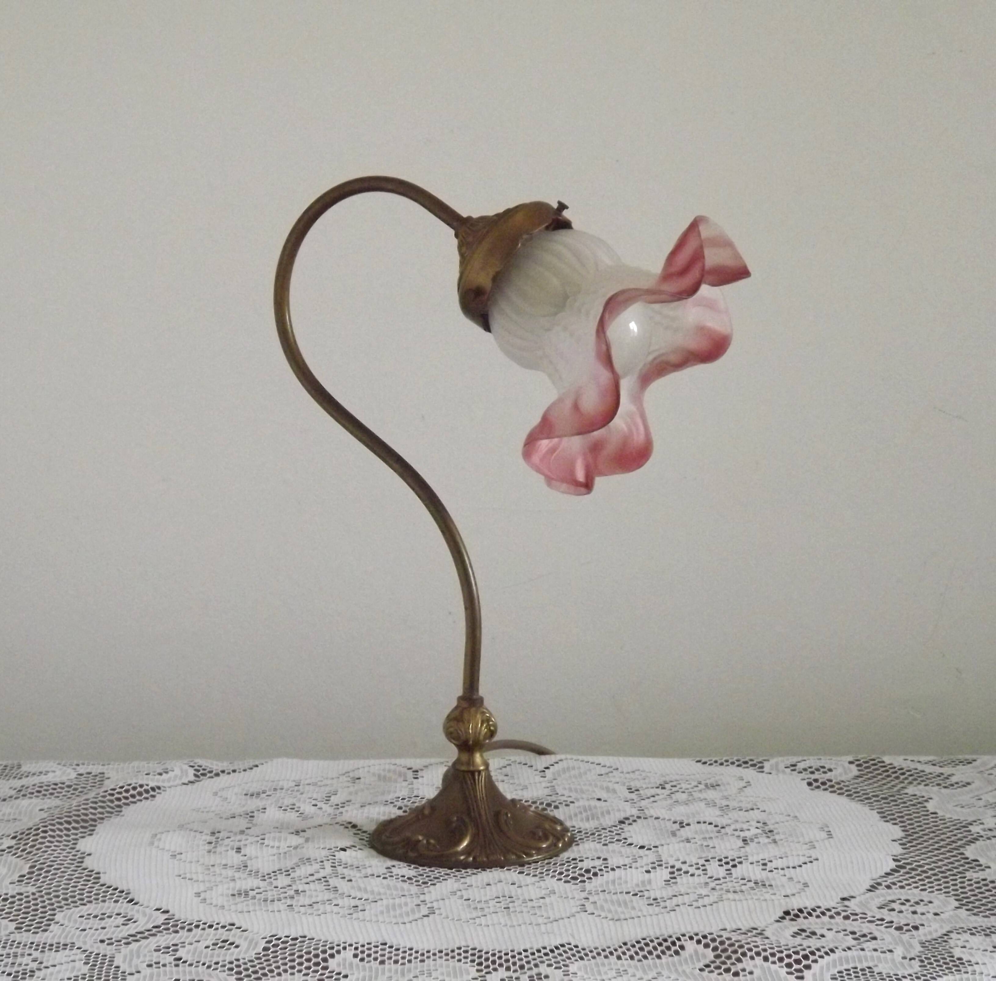 French Art Nouveau Brass Goose Neck Table Lamp White & Pink Glass Shade