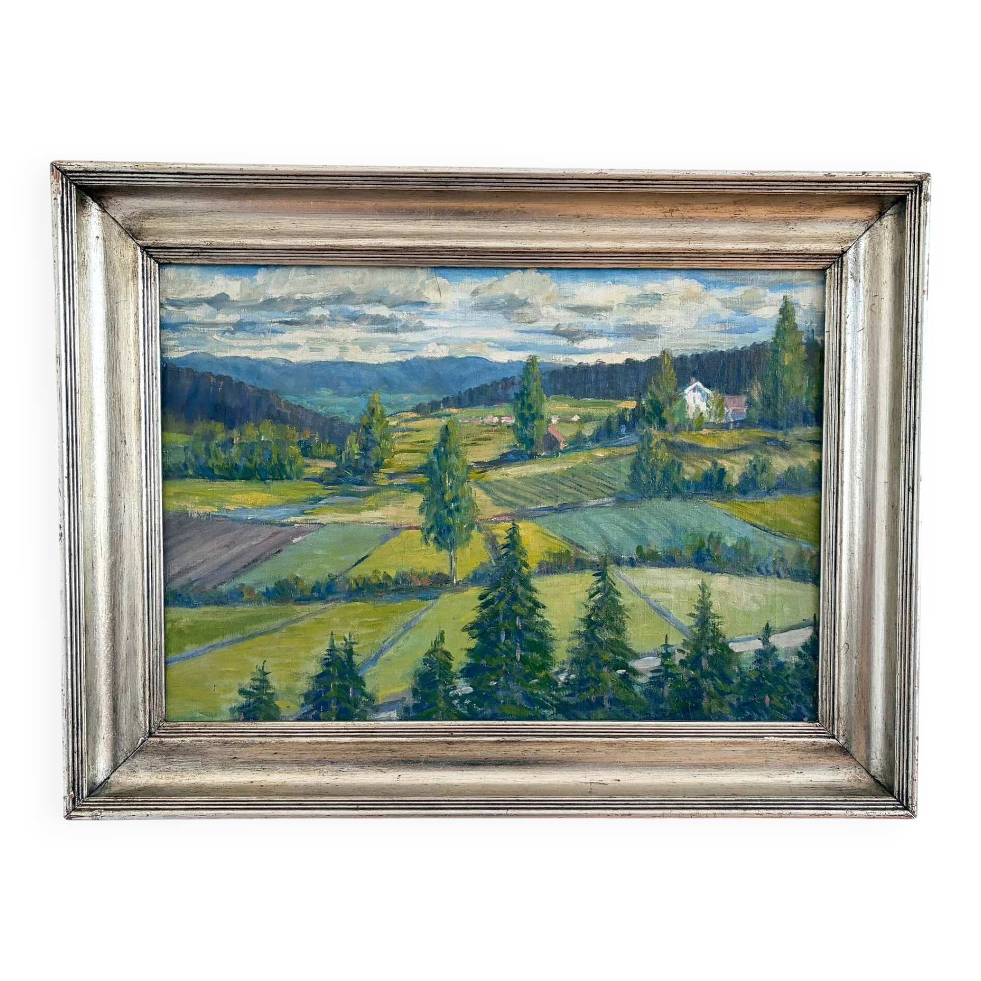 Peinture à l'huile vintage originale de paysage, art de la campagne