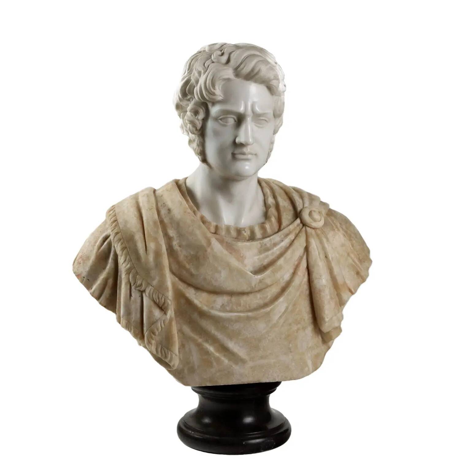 Bust of a Roman emperor in white marble, Italy, 20th century.