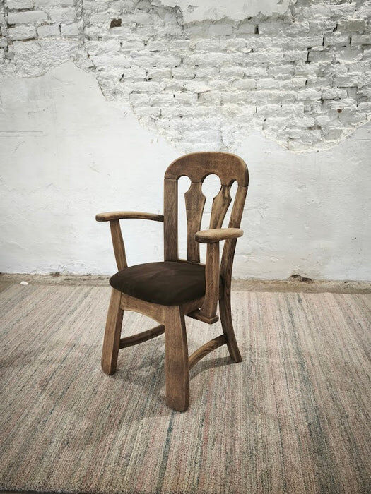 Dutch brutalist solid oak armchair with reupholstered leather seat, 1970s